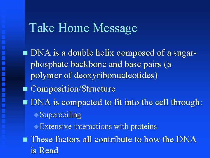 Take Home Message DNA is a double helix composed of a sugarphosphate backbone and