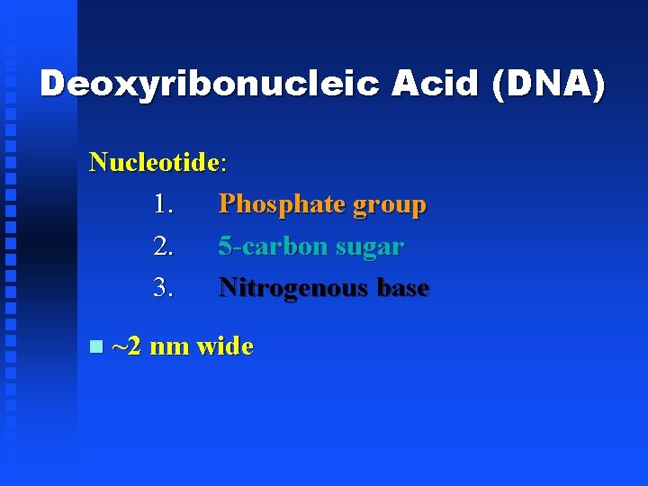 Deoxyribonucleic Acid (DNA) Nucleotide: 1. Phosphate group 2. 5 -carbon sugar 3. Nitrogenous base