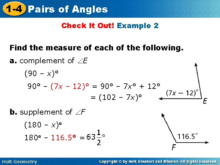 1 -4 Pairs of Angles Check It Out! Example 2 Find the measure of