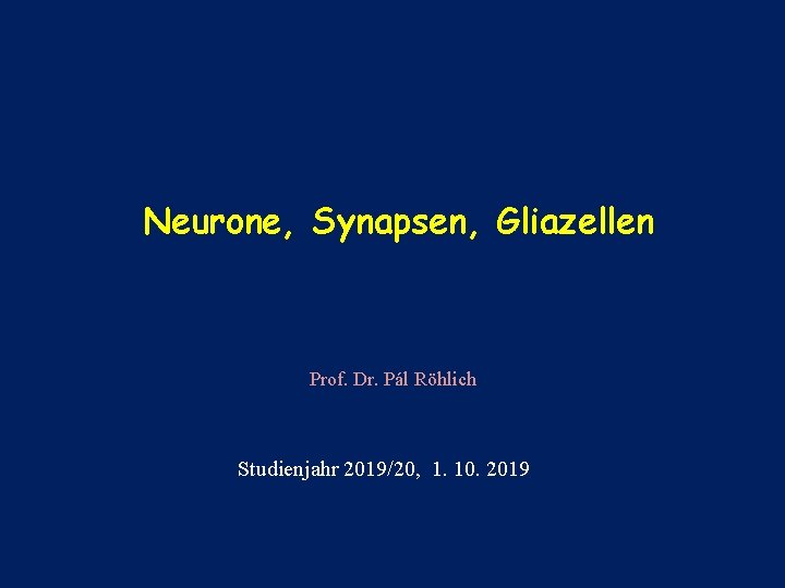 Neurone, Synapsen, Gliazellen Prof. Dr. Pál Röhlich Studienjahr 2019/20, 1. 10. 2019 