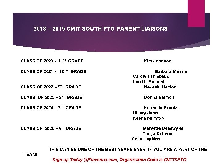 2018 – 2019 CMIT SOUTH PTO PARENT LIAISONS CLASS OF 2020 - 11 TH