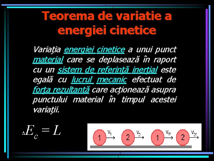 Teorema de variatie a energiei cinetice Variaţia energiei cinetice a unui punct material care