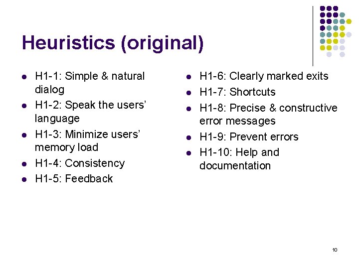 Heuristics (original) l l l H 1 -1: Simple & natural dialog H 1