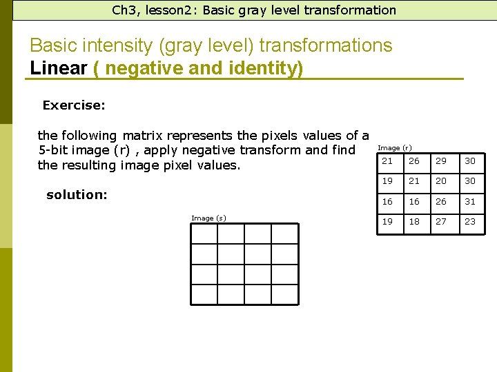 Ch 3, lesson 2: Basic gray level transformation Basic intensity (gray level) transformations Linear