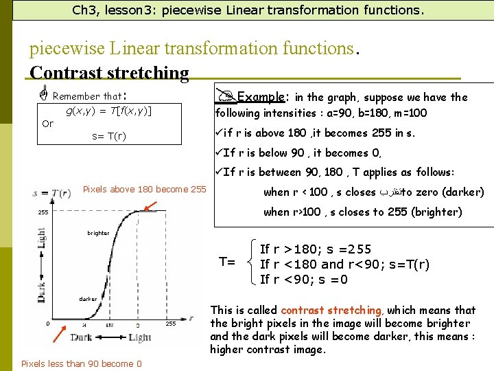 Ch 3, lesson 3: piecewise Linear transformation functions. Contrast stretching Remember that: Example: in