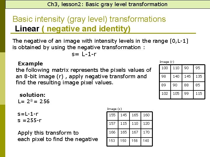 Ch 3, lesson 2: Basic gray level transformation Basic intensity (gray level) transformations Linear
