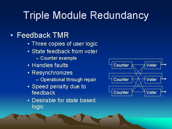 Triple Module Redundancy • Feedback TMR • Three copies of user logic • State
