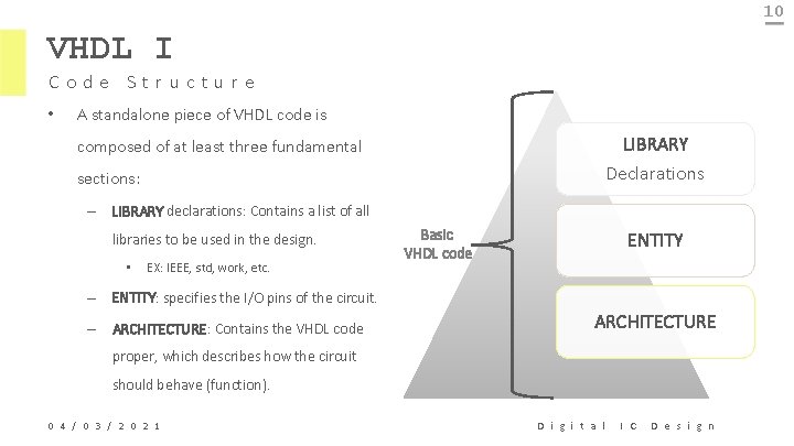10 VHDL I Code Structure • A standalone piece of VHDL code is LIBRARY