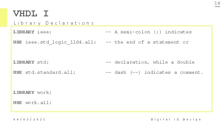 14 VHDL I Library Declarations LIBRARY ieee; -- A semi-colon (; ) indicates USE