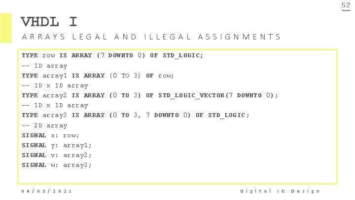 52 VHDL I ARRAYS LEGAL AND ILLEGAL ASSIGNMENTS TYPE row IS ARRAY (7 --