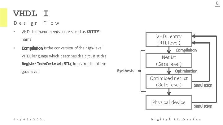 8 VHDL I Design Flow • VHDL file name needs to be saved as