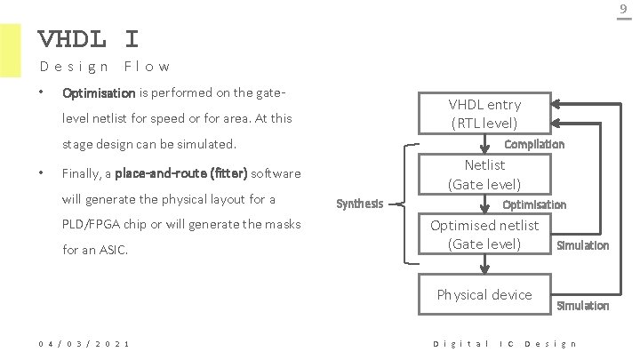 9 VHDL I Design Flow • Optimisation is performed on the gate- VHDL entry