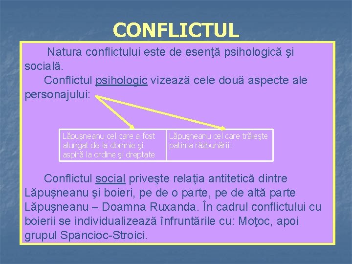 CONFLICTUL Natura conflictului este de esenţă psihologică şi socială. Conflictul psihologic vizează cele două