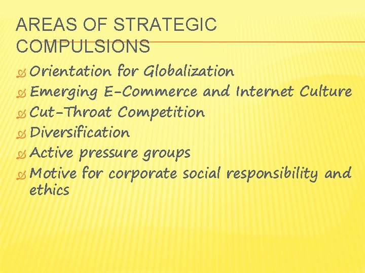 AREAS OF STRATEGIC COMPULSIONS Orientation for Globalization Emerging E-Commerce and Internet Culture Cut-Throat Competition