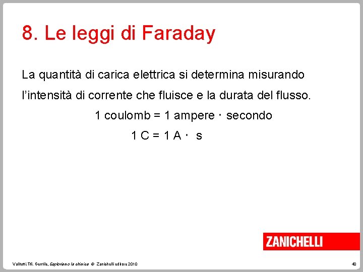 8. Le leggi di Faraday La quantità di carica elettrica si determina misurando l’intensità