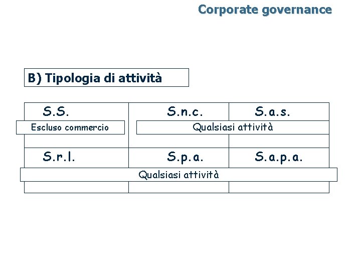 Corporate governance B) Tipologia di attività S. S. Escluso commercio S. r. l. S.