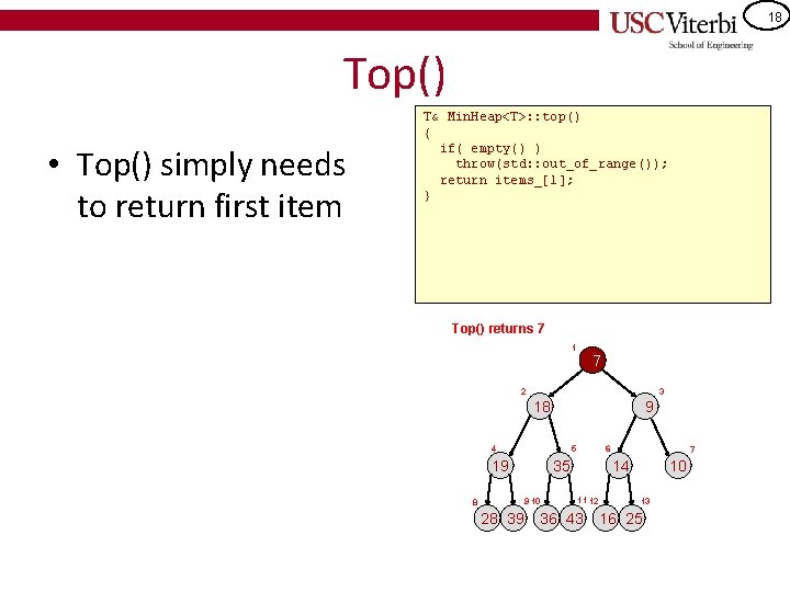 18 Top() • Top() simply needs to return first item T& Min. Heap<T>: :