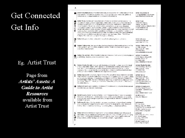 Get Connected Get Info Eg. Artist Trust Page from Artists’ Assets: A Guide to