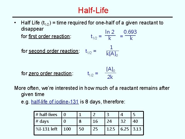 Half-Life • Half Life (t 1/2) = time required for one-half of a given