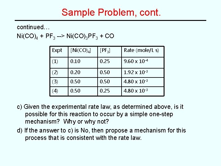 Sample Problem, continued… Ni(CO)4 + PF 3 --> Ni(CO)3 PF 3 + CO Expt