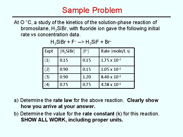 Sample Problem At O °C, a study of the kinetics of the solution-phase reaction