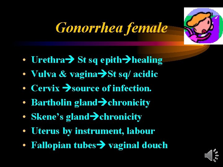 Gonorrhea female • • Urethra St sq epith healing Vulva & vagina St sq/
