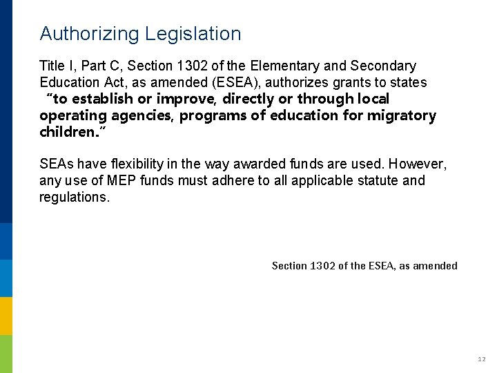 Authorizing Legislation Title I, Part C, Section 1302 of the Elementary and Secondary Education Authorizing Legislation Title I, Part C, Section 1302 of the Elementary and Secondary Education