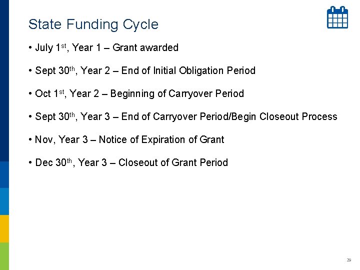 State Funding Cycle • July 1 st, Year 1 – Grant awarded • Sept State Funding Cycle • July 1 st, Year 1 – Grant awarded • Sept