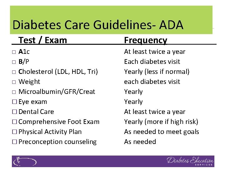 Diabetes Care Guidelines- ADA Test / Exam A 1 c � B/P � Cholesterol