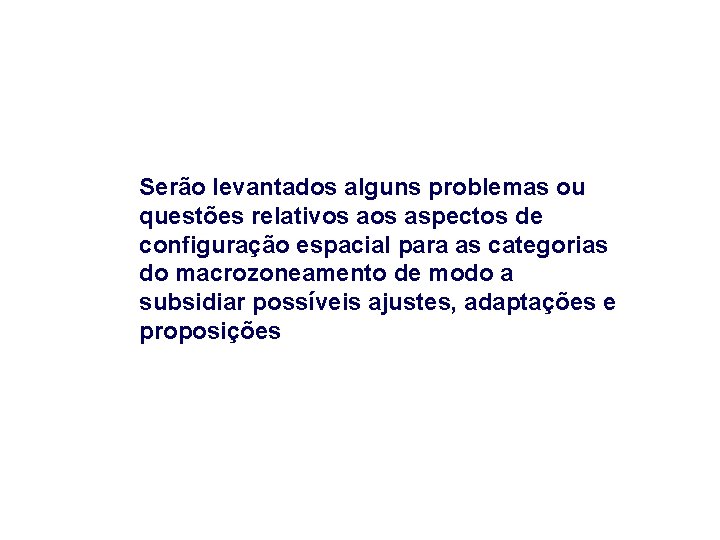 Serão levantados alguns problemas ou questões relativos aspectos de configuração espacial para as categorias