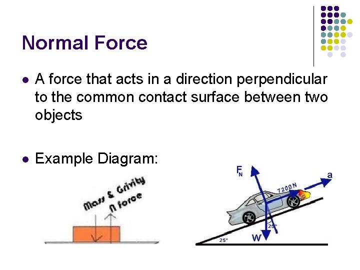 Normal Force l A force that acts in a direction perpendicular to the common Normal Force l A force that acts in a direction perpendicular to the common