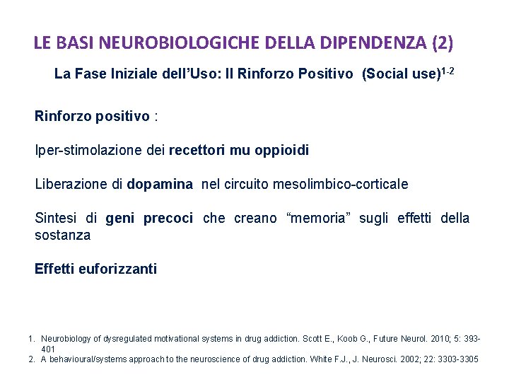 LE BASI NEUROBIOLOGICHE DELLA DIPENDENZA (2) La Fase Iniziale dell’Uso: Il Rinforzo Positivo (Social