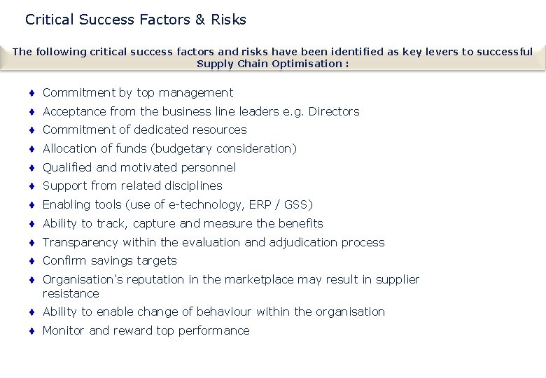 Critical Success Factors & Risks The following critical success factors and risks have been