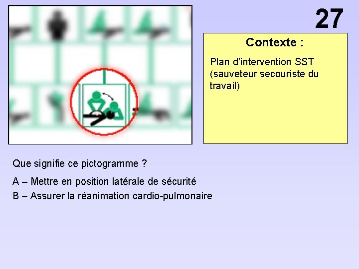 27 Contexte : Plan d’intervention SST (sauveteur secouriste du travail) Que signifie ce pictogramme