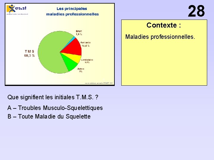 28 Contexte : Maladies professionnelles. Que signifient les initiales T. M. S. ? A