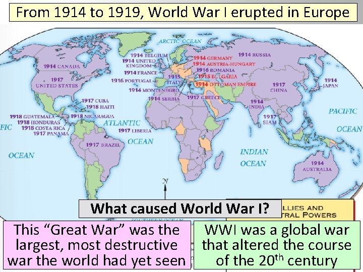 From 1914 to 1919, World War I erupted in Europe Text What caused World