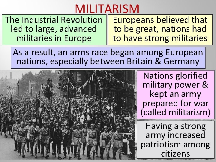MILITARISM The Industrial Revolution Europeans believed that led to large, advanced to be great,