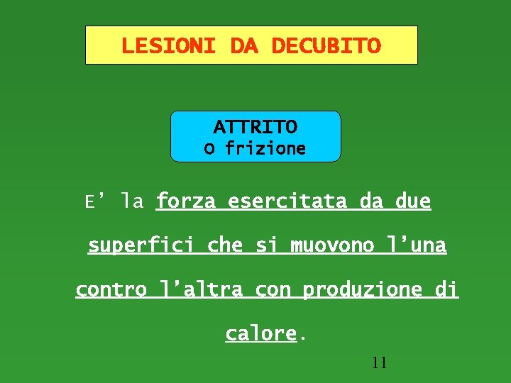 LESIONI DA DECUBITO ATTRITO O frizione E’ la forza esercitata da due superfici che