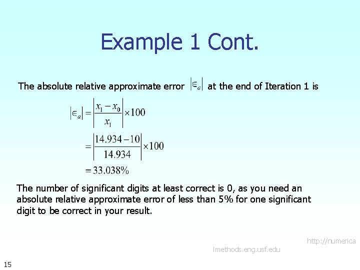 Example 1 Cont. The absolute relative approximate error at the end of Iteration 1