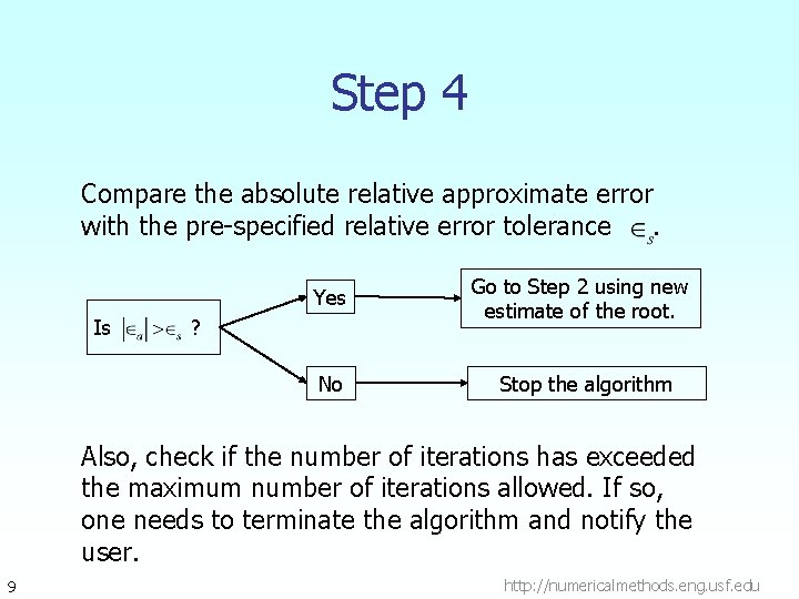 Step 4 Compare the absolute relative approximate error with the pre-specified relative error tolerance.