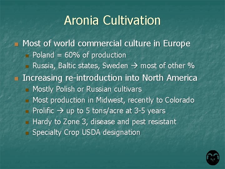 Aronia Cultivation n Most of world commercial culture in Europe n n n Poland