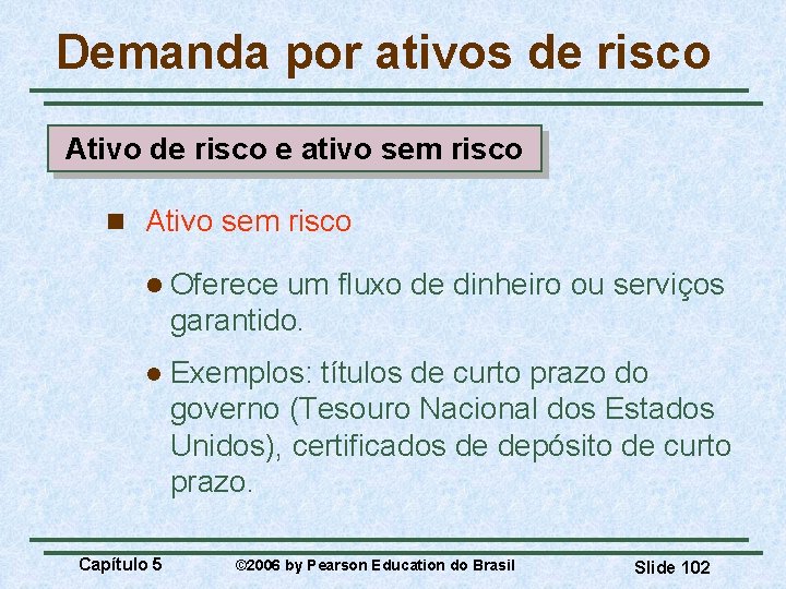 Demanda por ativos de risco Ativo de risco e ativo sem risco n Ativo