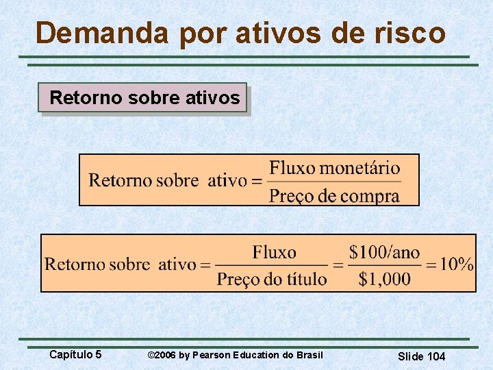 Demanda por ativos de risco Retorno sobre ativos Capítulo 5 © 2006 by Pearson