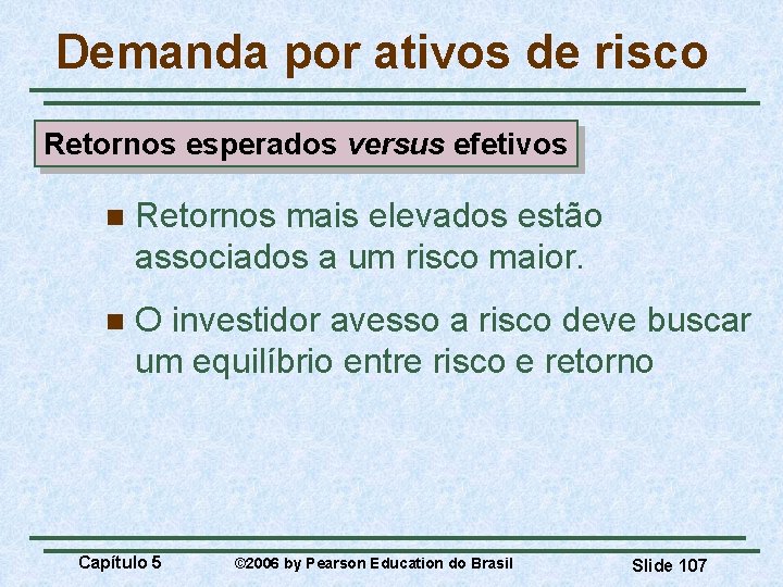 Demanda por ativos de risco Retornos esperados versus efetivos n Retornos mais elevados estão