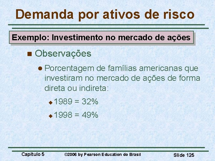 Demanda por ativos de risco Exemplo: Investimento no mercado de ações n Observações l