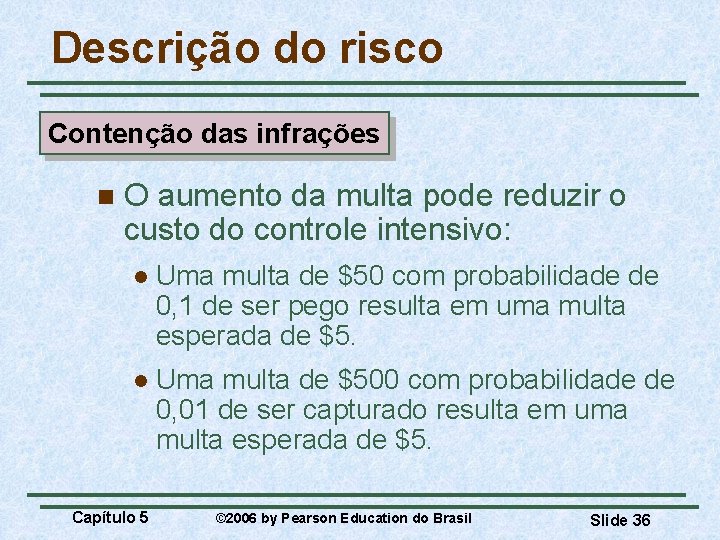 Descrição do risco Contenção das infrações n O aumento da multa pode reduzir o