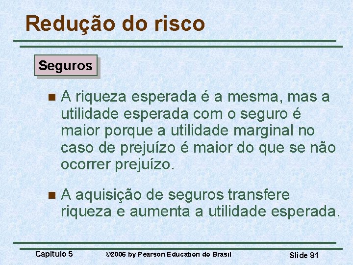 Redução do risco Seguros n A riqueza esperada é a mesma, mas a utilidade