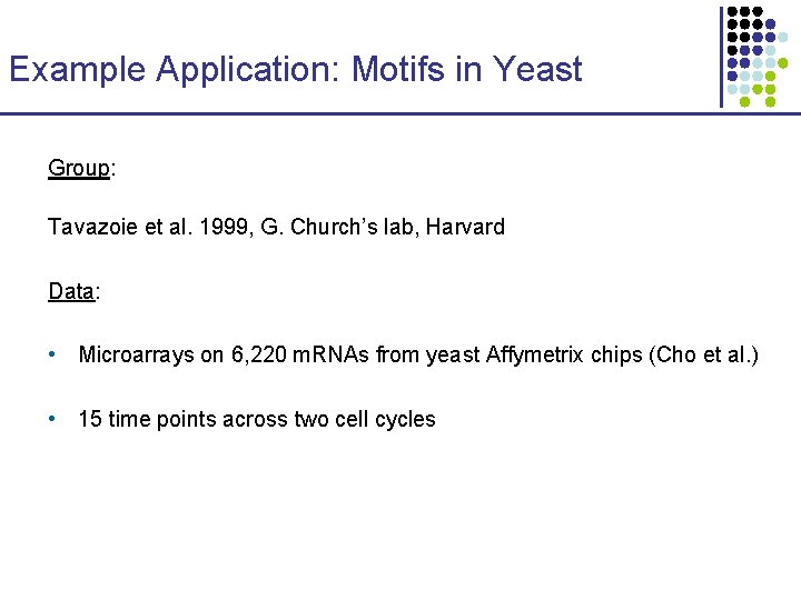 Example Application: Motifs in Yeast Group: Tavazoie et al. 1999, G. Church’s lab, Harvard