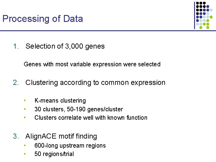 Processing of Data 1. Selection of 3, 000 genes Genes with most variable expression