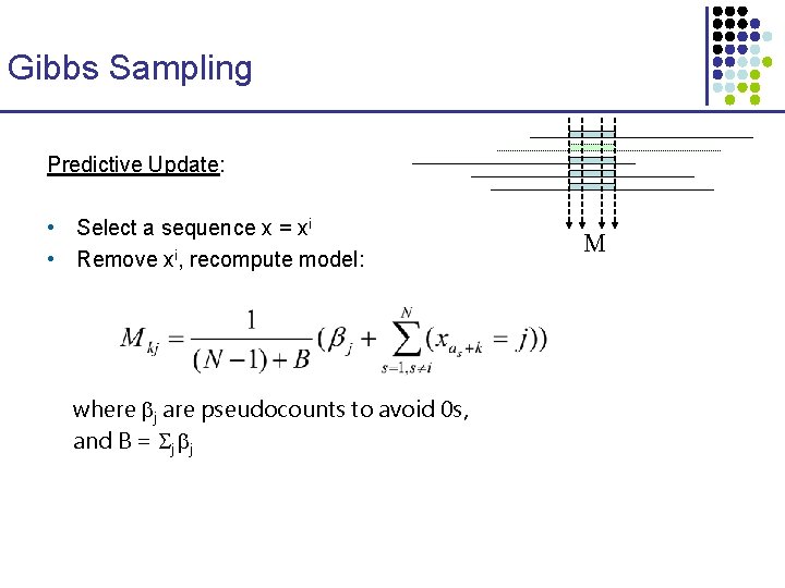 Gibbs Sampling Predictive Update: • Select a sequence x = xi • Remove xi,